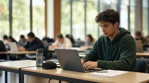 The image depicts a student in a library or study area, focused on working on a laptop. The student is wearing a green hoodie and is seated at a table with a laptop, notebook, and a water bottle. The background shows other students who are also engaged in their studies.