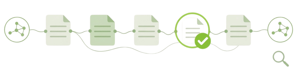 Wide flat illustration of documents connected by green similarity lines, with one highlighted by a checkmark and magnifying glass to show a detected match.