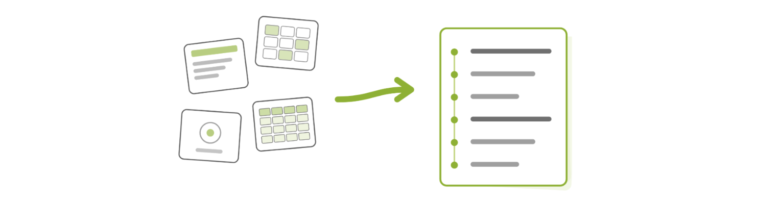 Illustration showing scattered cards, grids, and data elements on the left flowing through a green arrow into a single organized checklist document on the right, representing the consolidation of fragmented information into one clear list.
