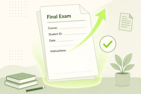 Flat illustration of a final exam paper being submitted, shown with a green upward arrow and checkmark on a light desk scene