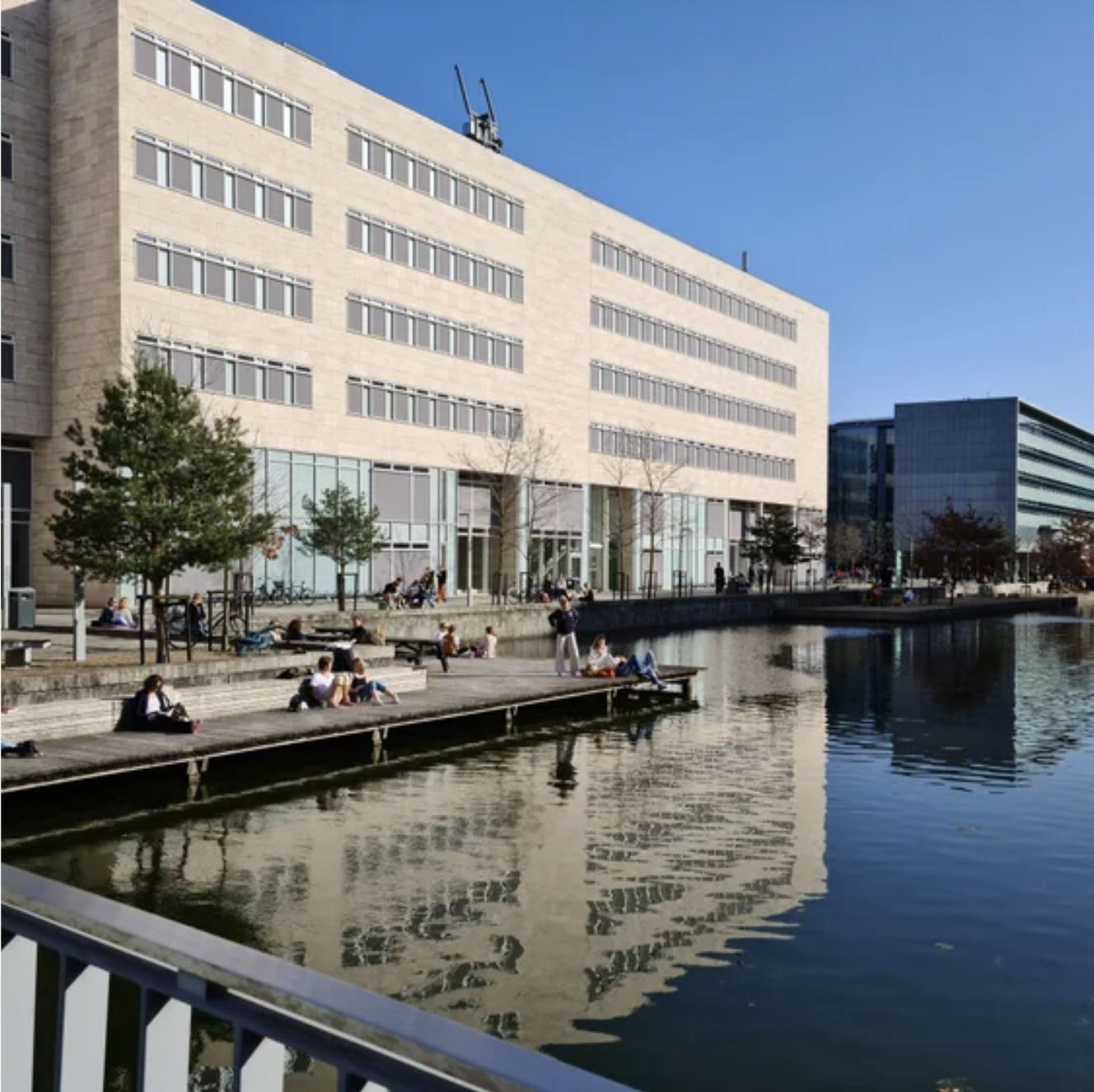 Individuals seated on a dock adjacent to a University of Copenhagen building, enjoying leisure time by the water.