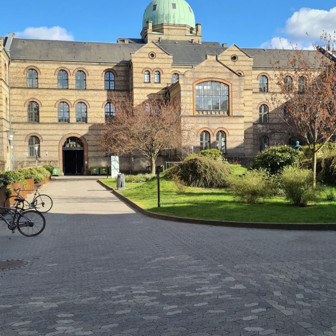 Large university building at the university of Copenhagen featuring a prominent green dome atop its structure.