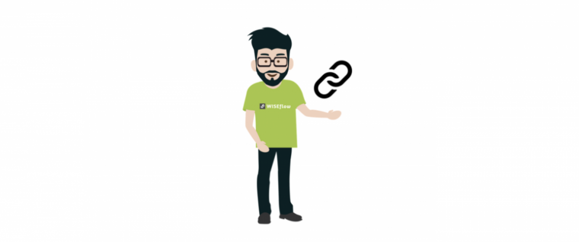 Cartoon stylized man with a green WISEflow logo with a hyperlink logo hovering over his left hand