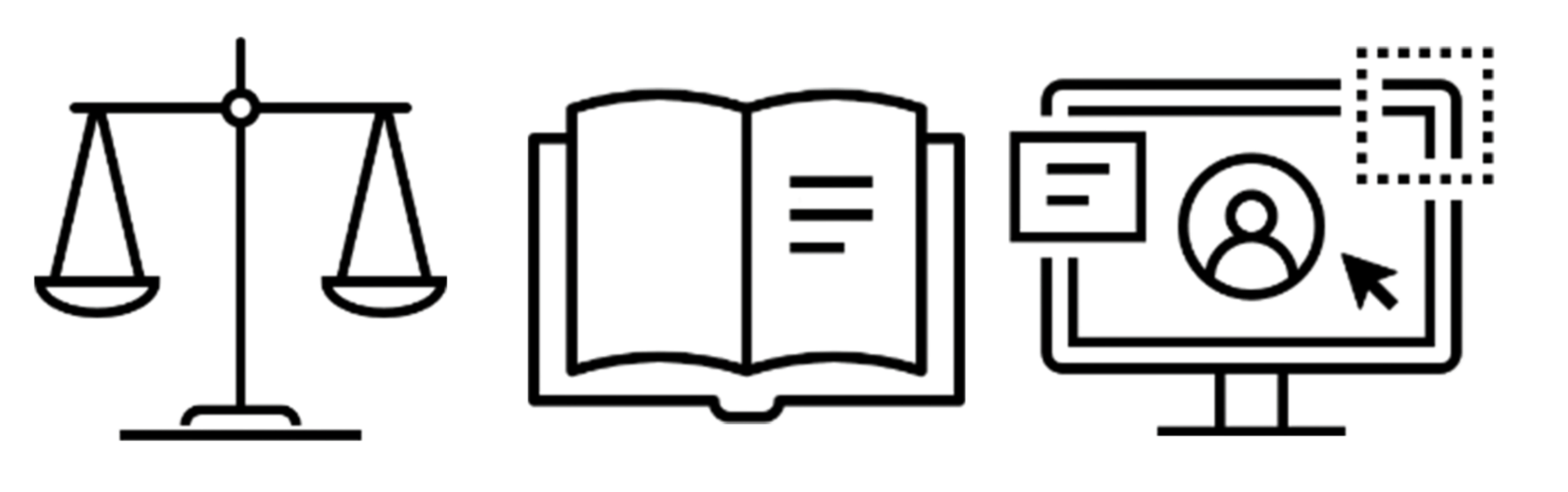 Graphic showing a judicial scale, an open book, and a computer with a user icon