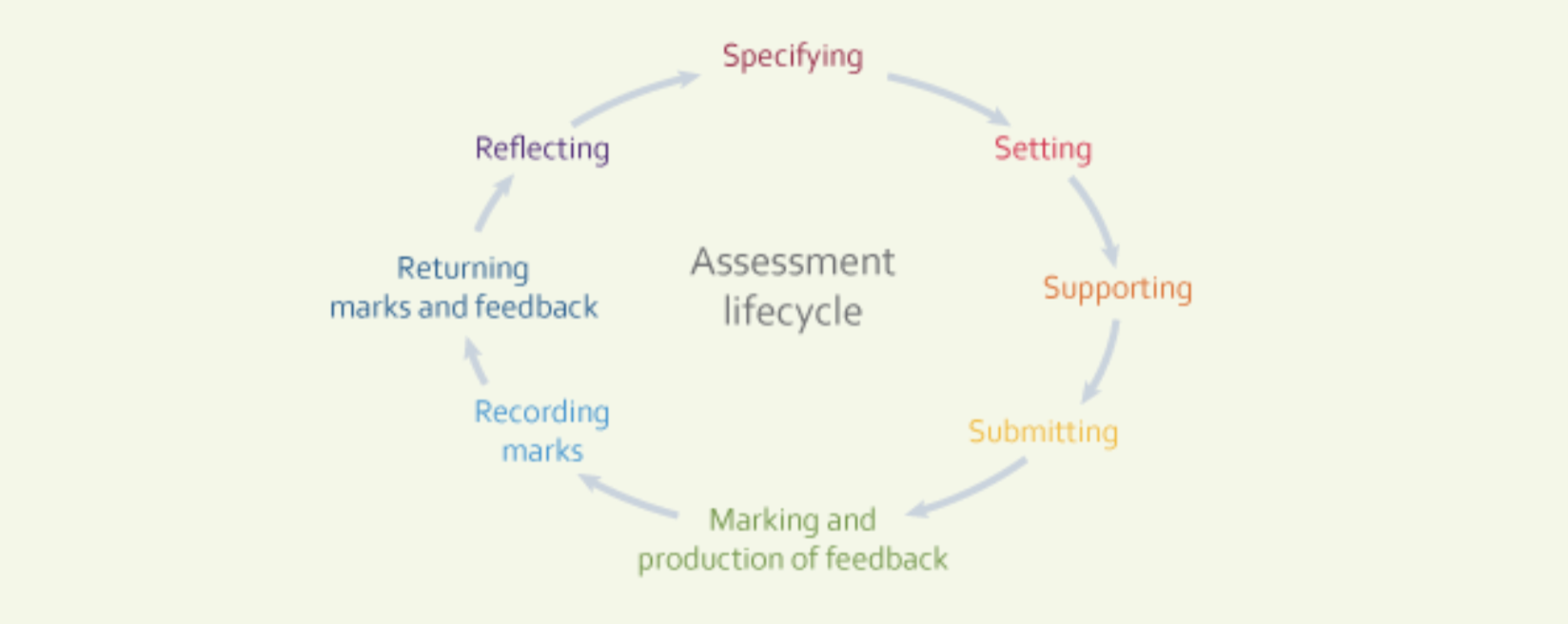 The image displays a circular flow diagram representing an 'Assessment lifecycle'. It consists of eight steps that form a continuous loop, indicating that the process is ongoing and repetitive