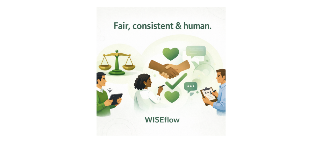 Infographic showing the some of the core principles of WISEflow, fairness, consistency, and humanity