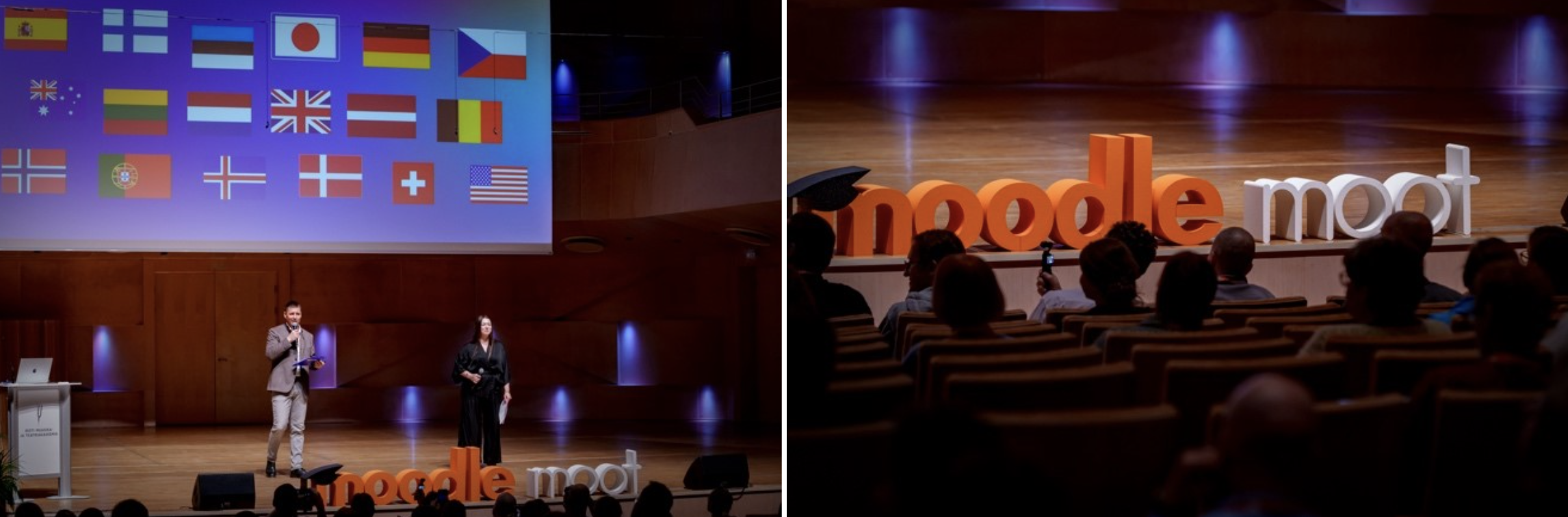 Moodle moot conference, the focus is on the conference's name displayed prominently at the front, with a speaker at a podium addressing the audience, who are seated in rows of chairs facing the stage.
