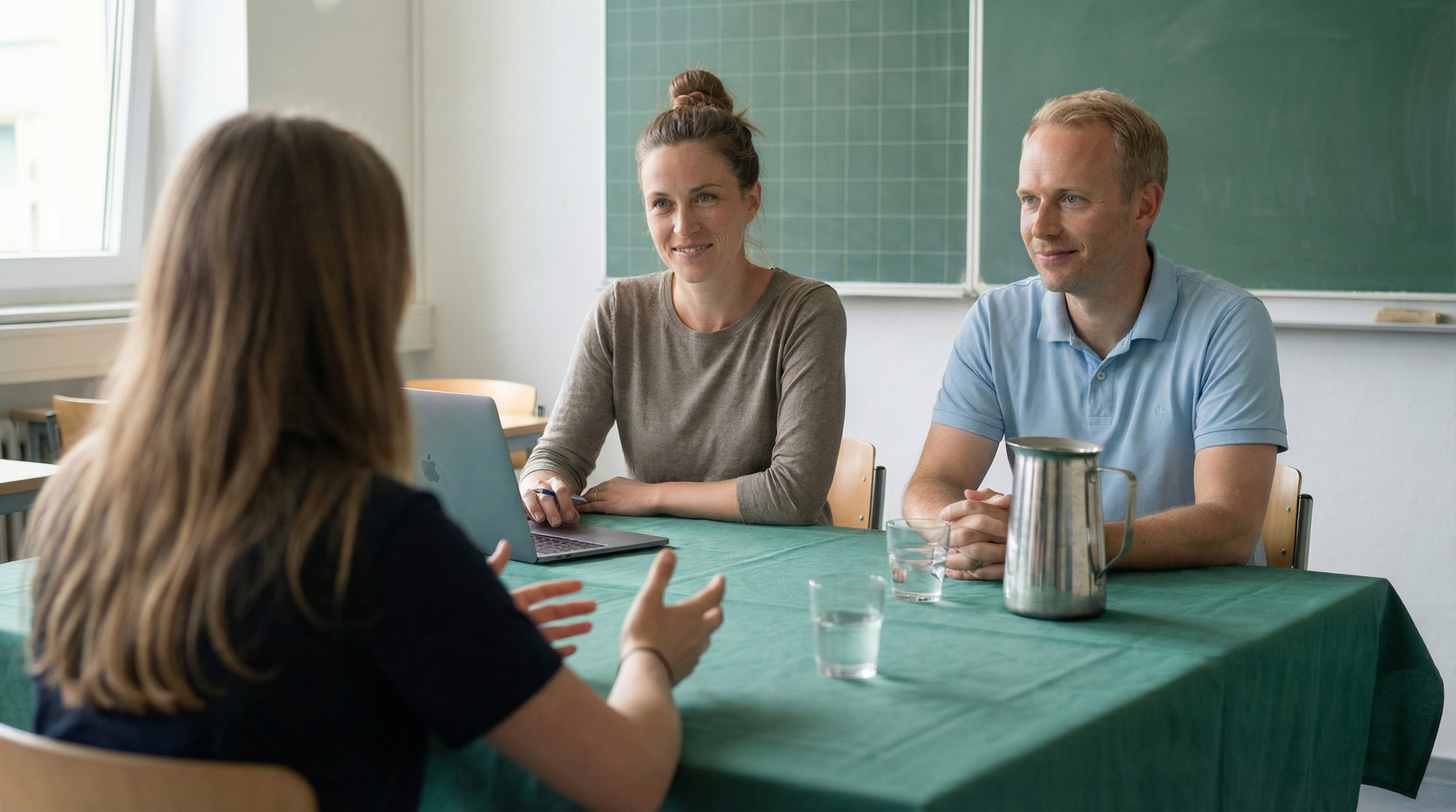 Student taking an oral exam with their teacher and one censor