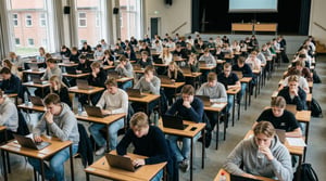 Students taking an exam on their laptops in a large exam hall