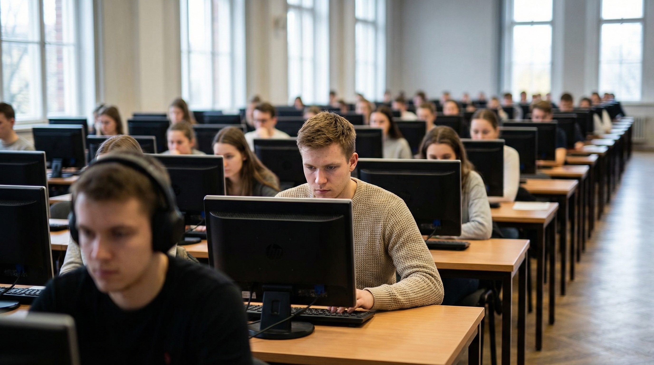 Students taking digital exam on computers set up in large exam hall.