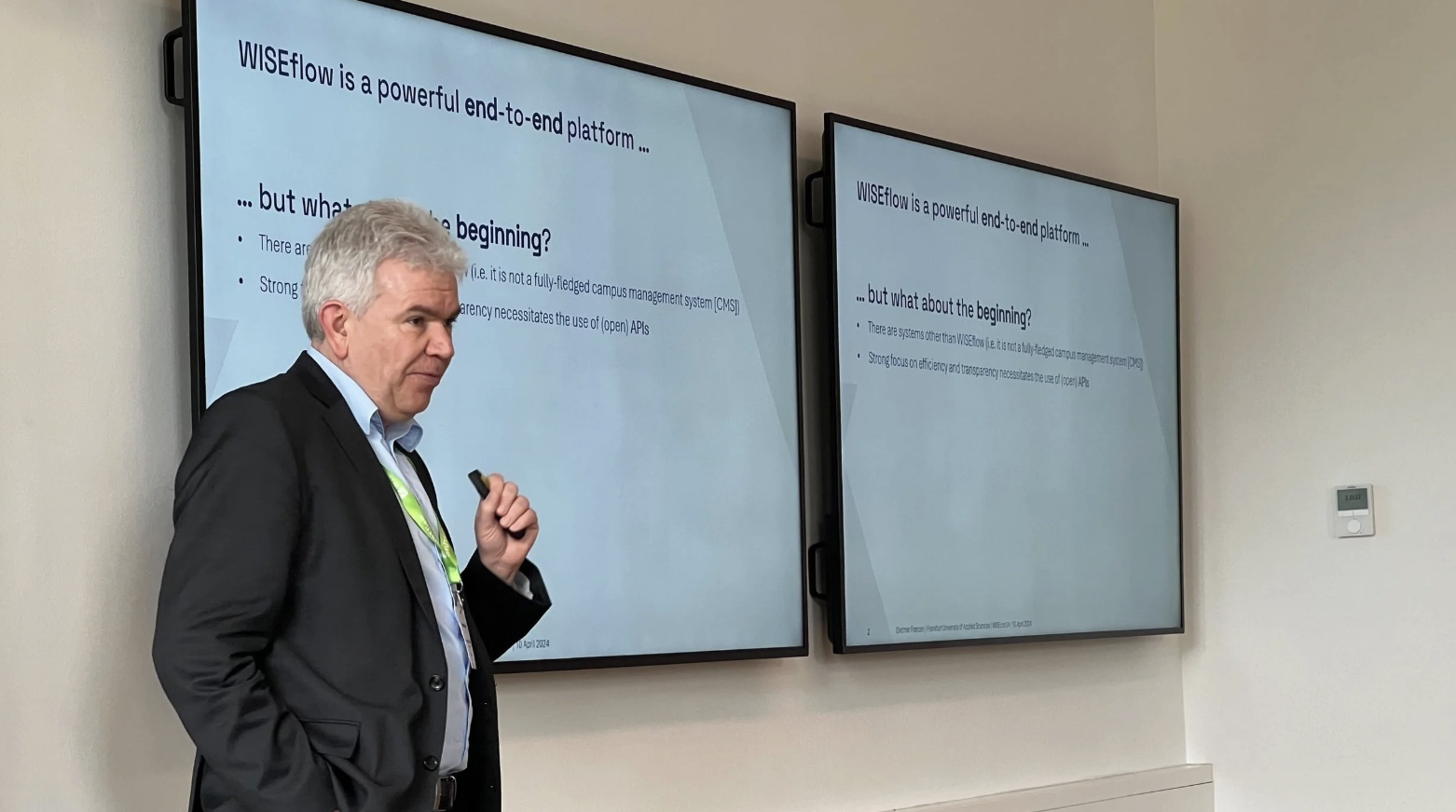 Speaker at WISEcon24 talking about WISEflow, the powerful end-to-end digital assessment platform