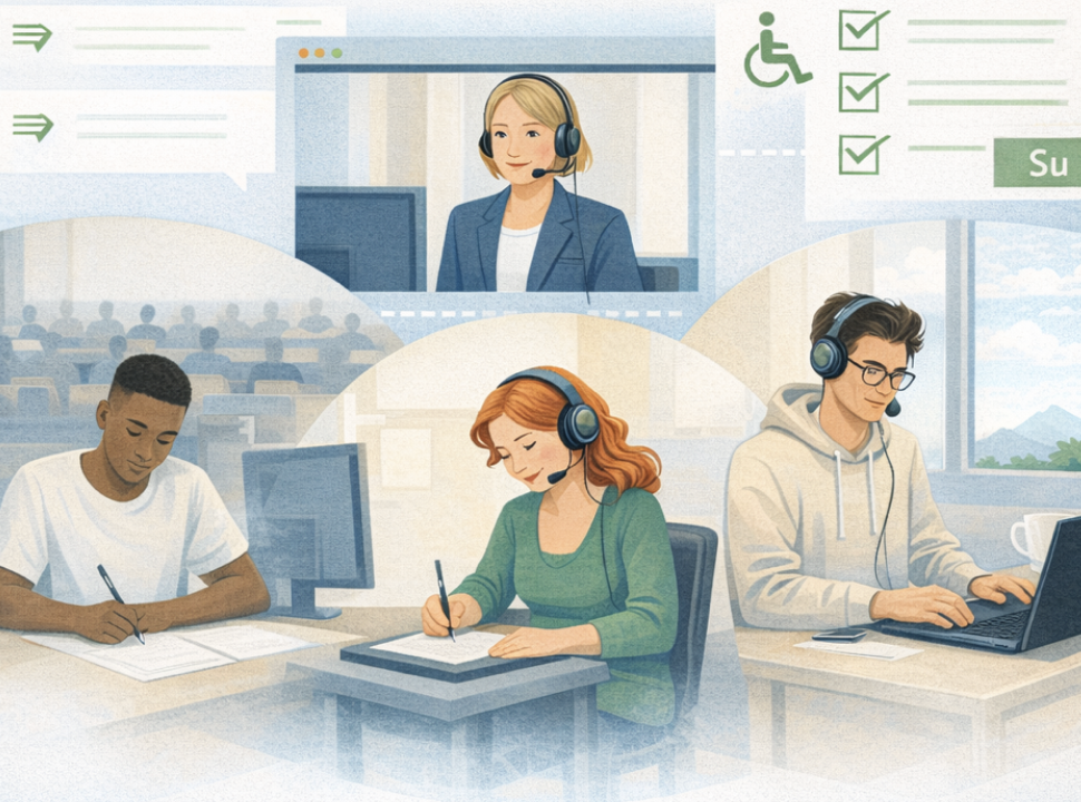 The image depicts a modern office environment where three individuals appear to be engaged in a virtual meeting or online collaboration.