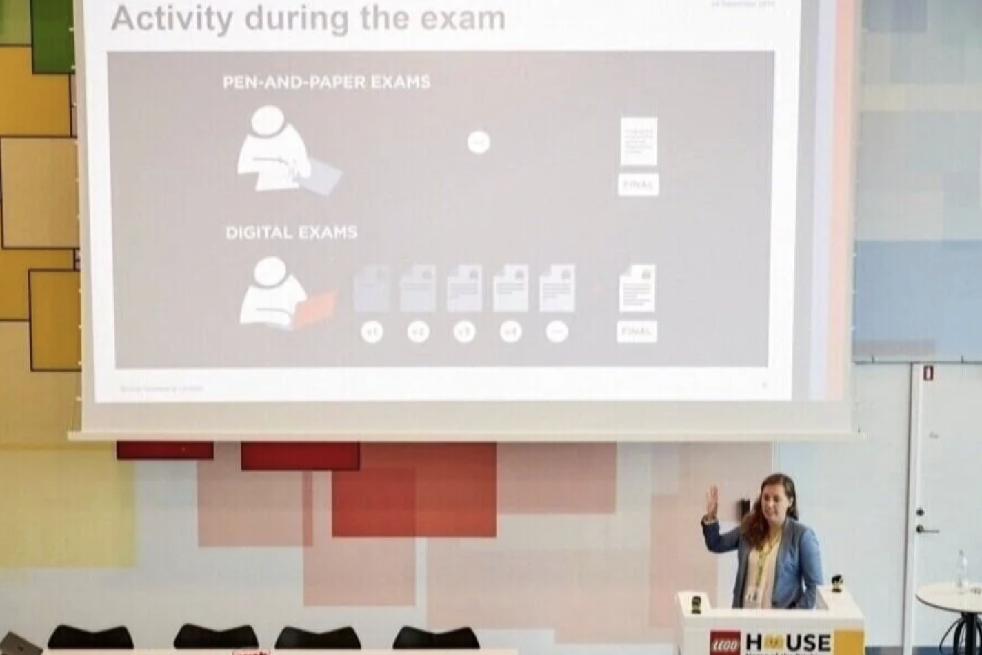 The image shows a presentation scenario with a person standing behind a podium with a LEGO HOUSE sign, gesturing towards a screen that displays icons and text related to 'Activity during the exam'.