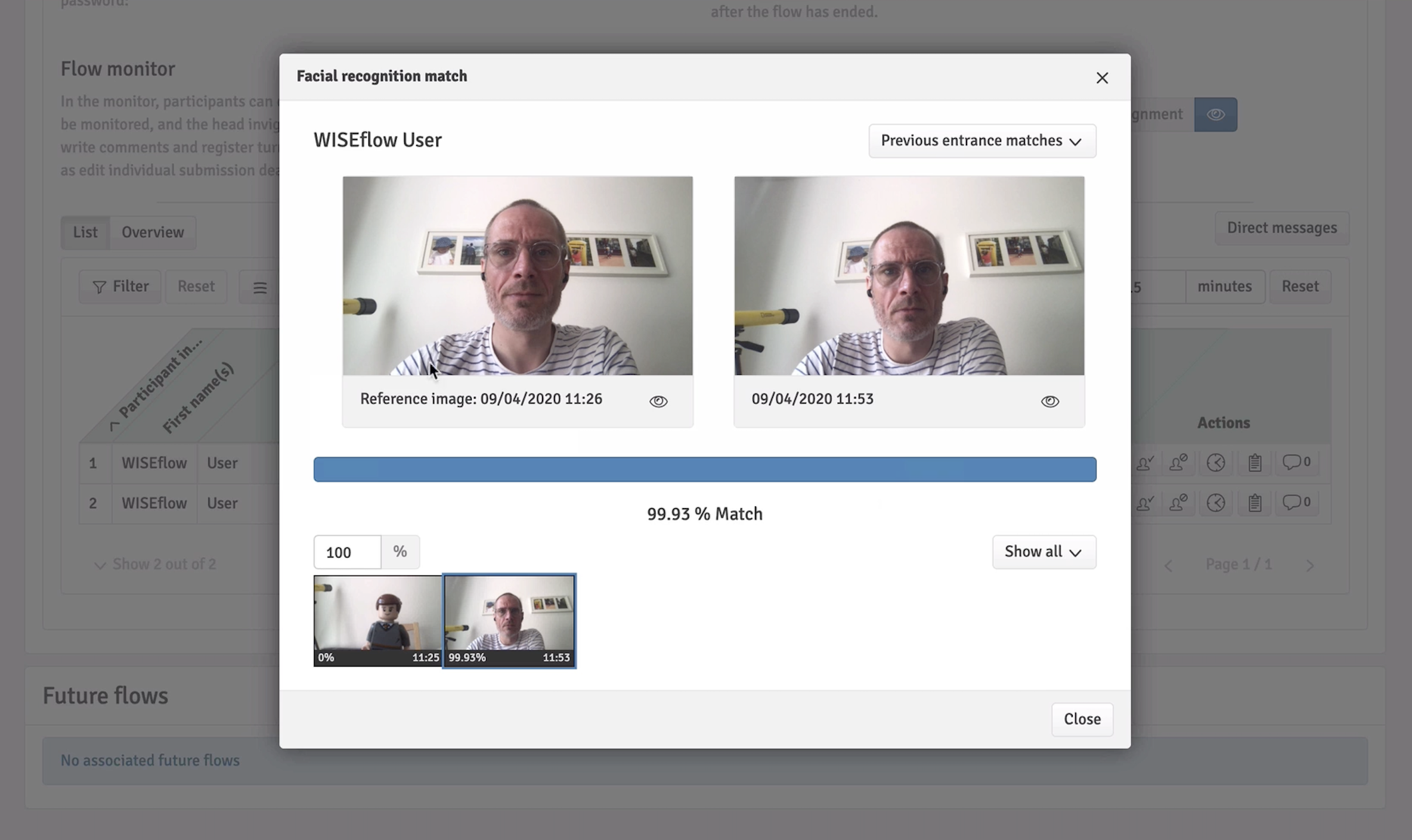 WISEflow interface showing connection to laptop camera